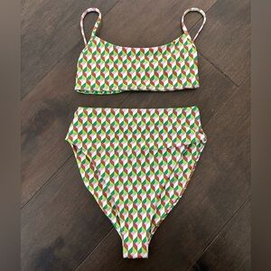 Skatie Southampton Print High-Waist Geometric Bikini - Green